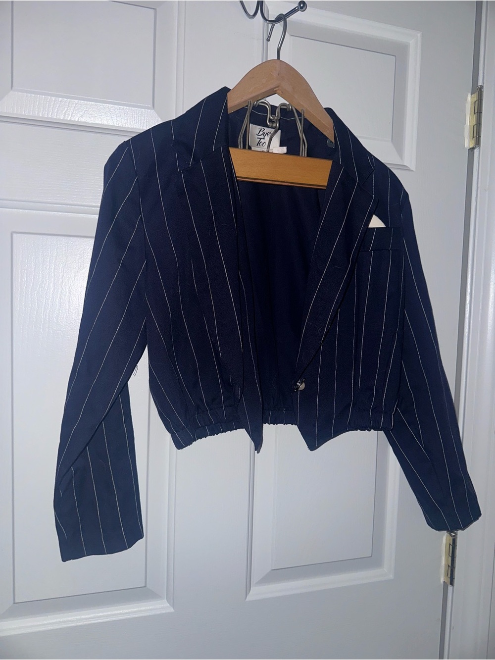 Cropped Navy Pinstripe Single-Button Blazer